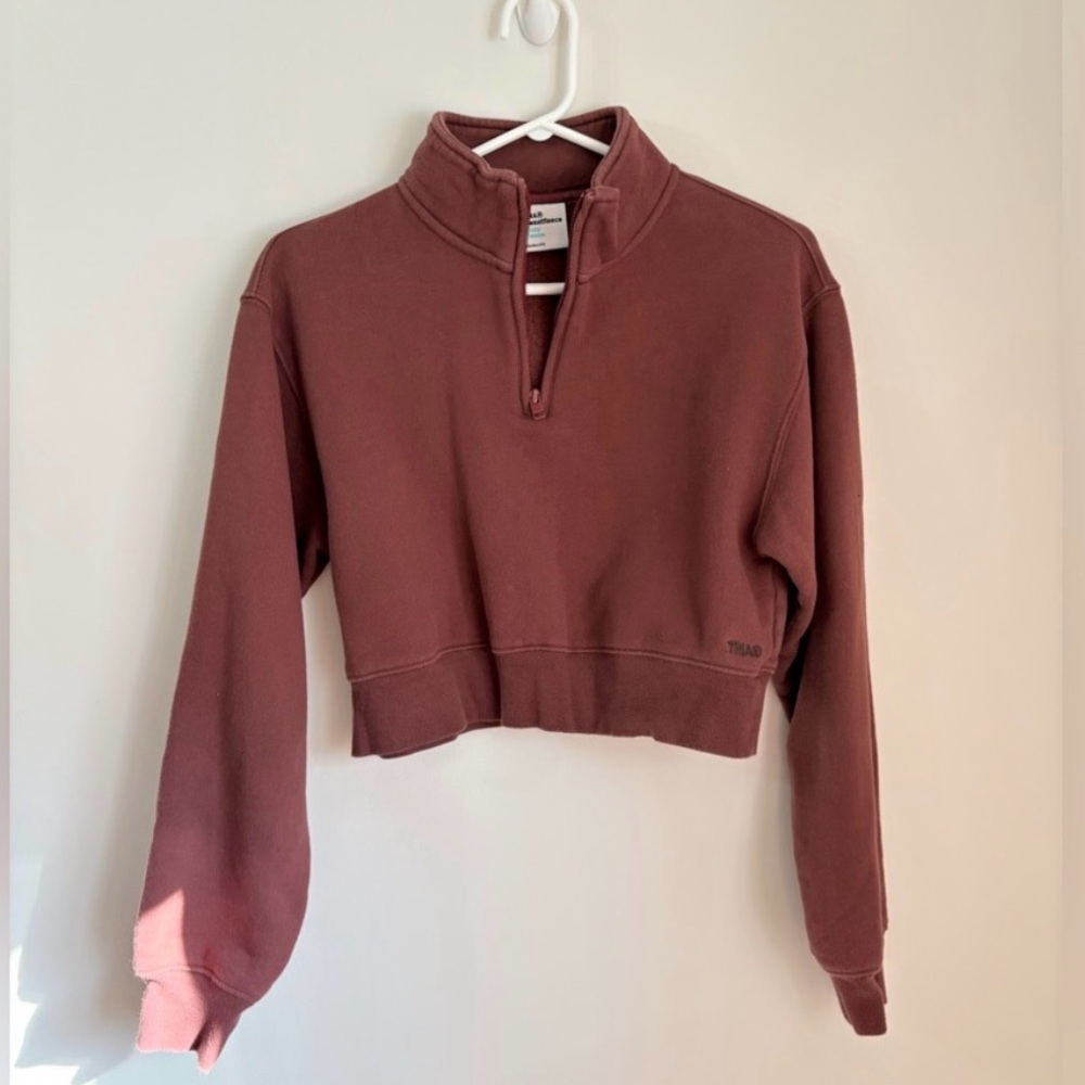 Aritzia TNA Sweatfleece Cozy Perfect 1/4 Zip Sweatshirt Cropped Brick Red Small